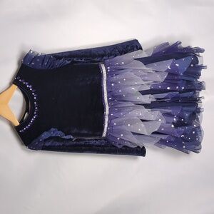 Monsoon Cosmic Velour Disco Dress Navy Purple Velvet Star Tulle Party (7/8 UK)